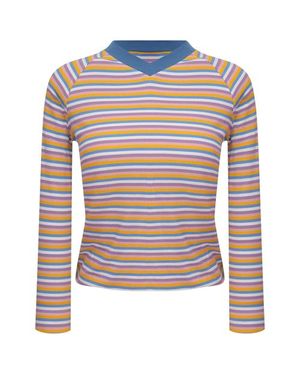 MiuMax Striped Rib Knit Raglan Long Sleeve V-Neck Tee - Multicolor