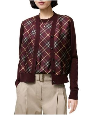 Burberry Check Panel Wool Silk Cardigan - Red