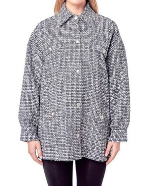 English Factory Tweed Button-Up Shirt Jacket - Gray