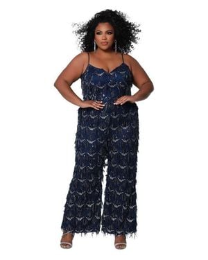 Sydney's Closet Spaghetti Strap Sequin Fringe Plus Size Jumpsuit - Blue