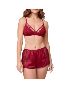Rya Collection Radiant Sequin Chantilly Lace, Chiffon & Charmeuse Bralette & Shorts Pajamas - Red