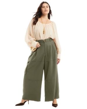 June + Vie High-Rise Wide-Leg Cargo Pants - Green