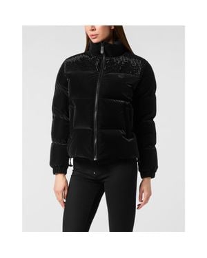 Philipp Plein Nylon And Suede Puffer Jacket Strass - Black