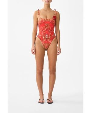 CAMILLA Straight Neck One Piece With Rosette Detail - Red