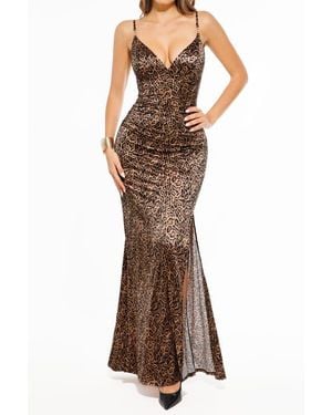 Popilush Shapewear Satin Deep-V Front Slit Maxi Date Night Shapewear Dress - Brown