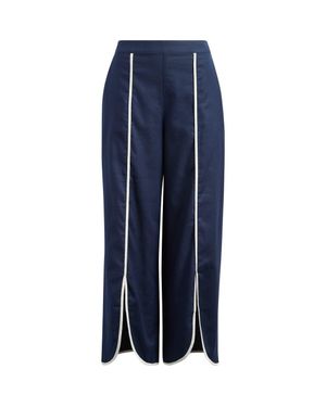 NIC+ZOE Piped High Waist Split Hem Cotton & Linen Pants - Blue