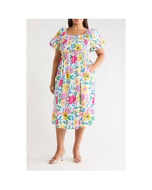 Sugarlips Kress Floral Print Smocked Midi Dress - Blue
