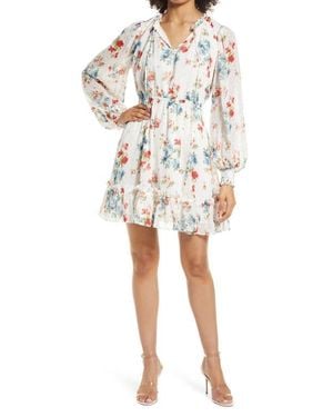 Rachel Parcell Floral Print Long Sleeve Swiss Dot Dress (Nordstrom Exclusive) - White