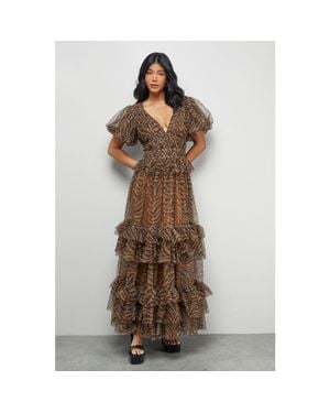 Warehouse Zebra Print Tulle Ruffle Maxi Dress - Brown
