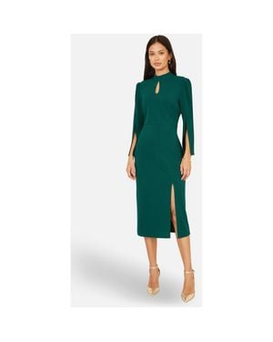 Yumi' Mock Neck Keyhole Tailored Midi Dress - Green