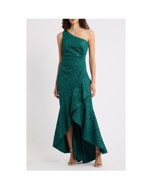 Eliza J Ruffle Lace One-Shoulder Gown - Green