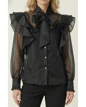 Modenaire Ruffle Oversized Bow Tie Button-Front Blouse - Black