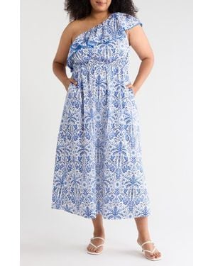 Sugarlips Romina Tropical Suraya One-Shoulder Cotton Midi Dress - Blue