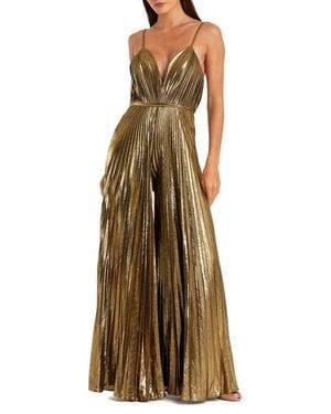 Mac Duggal Petite Metallic Pleated Wide-Leg V-Neck Jumpsuit - Natural