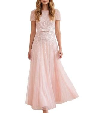 Needle & Thread Sequin Cascade Bow Short Sleeve Gown - Pink