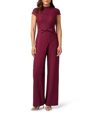 Adrianna Papell Mixed Media Lace & Crepe Jumpsuit - Red