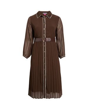 Vince Camuto Piping Plissé Button-Up Midi Shirtdress - Brown