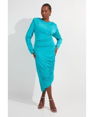 Karen Millen Long Sleeve Ruched Maxi Dress - Blue