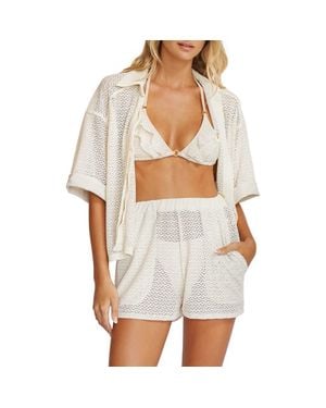 PQ Swim Blake Metallic Sheer Button-Up Cover-Up Shirt - White