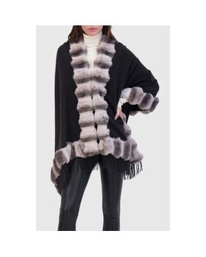 Lyla Grant Cashmere & Wool Blend Cape With Fur-Free Chinchilla (Faux Fur) Trim - Black