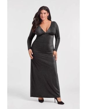 S3 Apparel Sculpting Shapewear Shirred V-Neck Long Sleeve Metallic Maxi Dress - Black