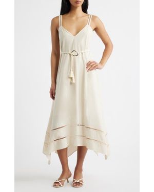 Moon River Ladder Stitch Detail Handkerchief Hem Cotton & Linen Dress - Natural
