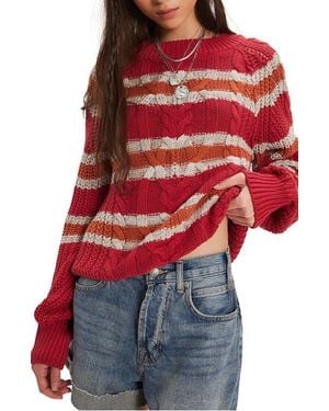 Free People Frankie Stripe Cable Stitch Cotton Sweater - Red