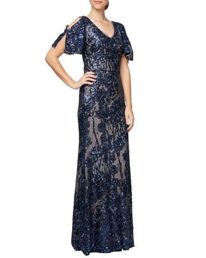 Alex Evenings Long V-neck A-line Dress With Cold Shoulder Flutter Sleeves - Blue