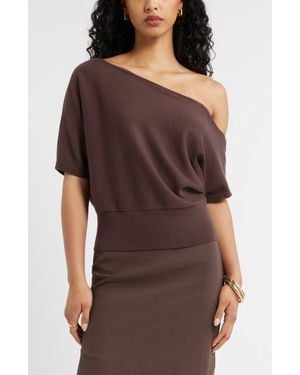 Open Edit One-Shoulder Short Sleeve Sweater - Brown