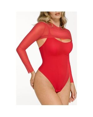 Popilush Sheer Shapewear Mesh Cutout Corset Bodysuit 2-Piece Set - Red