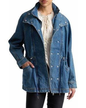 Avec Les Filles Double Breasted Stretch Denim Jacket With Bib Inset - Blue
