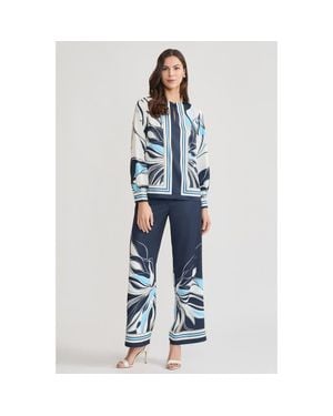 Ming Wang Floral Abstract Crepe De Chine Blouse - Blue