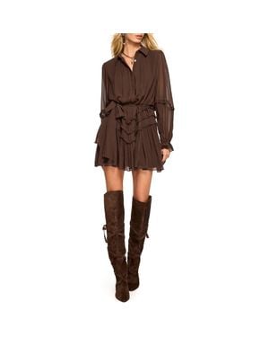 Ramy Brook Maya Ruffle Detail Long Sleeve Silk Mini Shirtdress - Brown