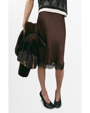 Mango Lace Trim Satin Midi Skirt - Black