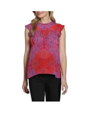 Apny Floral Print Flutter Sleeve Top - Red