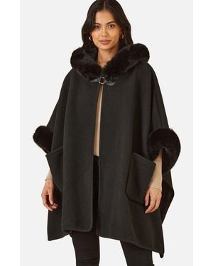Yumi' Hooded Fur Cape Jacket - Black