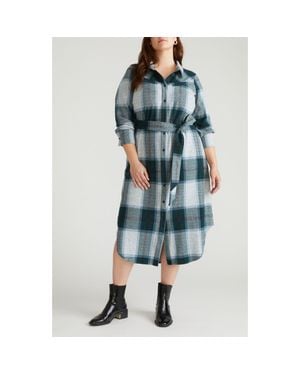 UNIVERSAL STANDARD Morgan Long Sleeve Stretch Flannel Midi Shirtdress - Blue