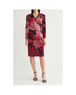 Ming Wang Floral Jaquard Ruffle Trim Long Sleeve Dress - Red