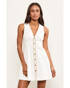 Modenaire V-Neck Sleeveless Button Front Mini Dress With Contrast Trim - White