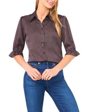 Cece Geo Print Elbow Sleeve Button-Up Satin Shirt - Purple