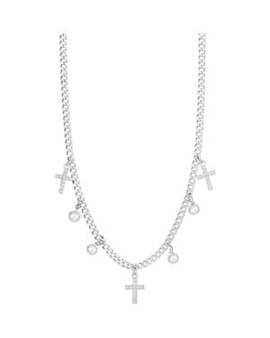 ATHRA LUXE Imitation Pearl Pavé Cross Necklace - Metallic
