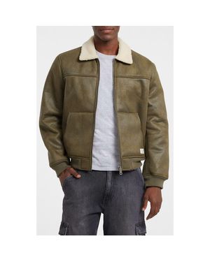 Guess Faux Leather & Faux Shearling Bomber Jacket - Green