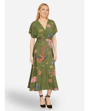 Yumi' Ruched Waist Kimono Sleeve Midi Dress - Green