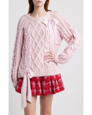 LoveShackFancy Kloss Ribbon Detail Alpaca Blend Cable Sweater - Red