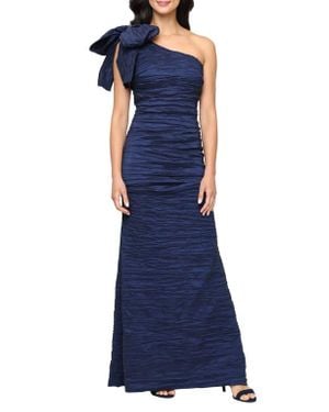 Alex Evenings Bow Detail One-Shoulder Ruched Satin Gown - Blue