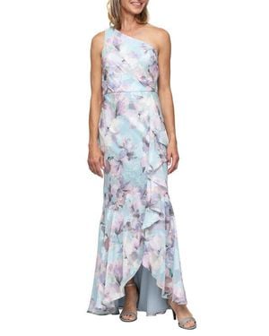 sachin and babi light blue dress Multi Colored One Shoulder Peony Floral Chiffon Scarf Gown