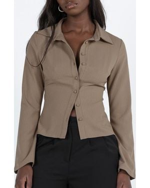Princess Polly Anni Pinstripe Long Sleeve Button-Up Shirt - Natural