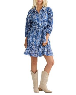 Talisman the Label Echo Print Tie Waist Long Sleeve Dress - Blue