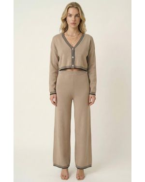 Modenaire Contrast Trim Knit Cardigan Set - Natural