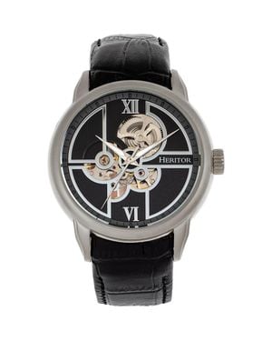 Heritor Sanford Semi-Skeleton Leather-Band Watch - Black